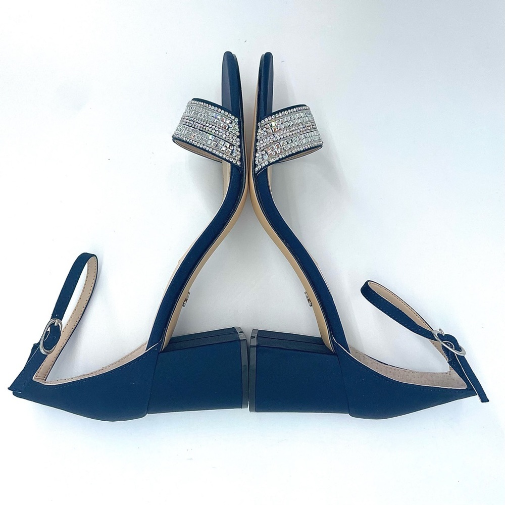 NINA WOMENS NAVY SUEDETTE CRYSTAL BLOCK MID-HEEL ANKLE STRAP DRESS SANDAL NIB! - Picture 11 of 15